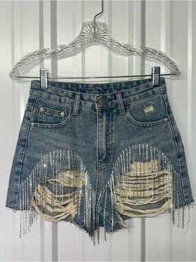 Y2K Rhinestone Fringe Distressed Denim Shorts Festival Glam Cutoffs Women NWOT
